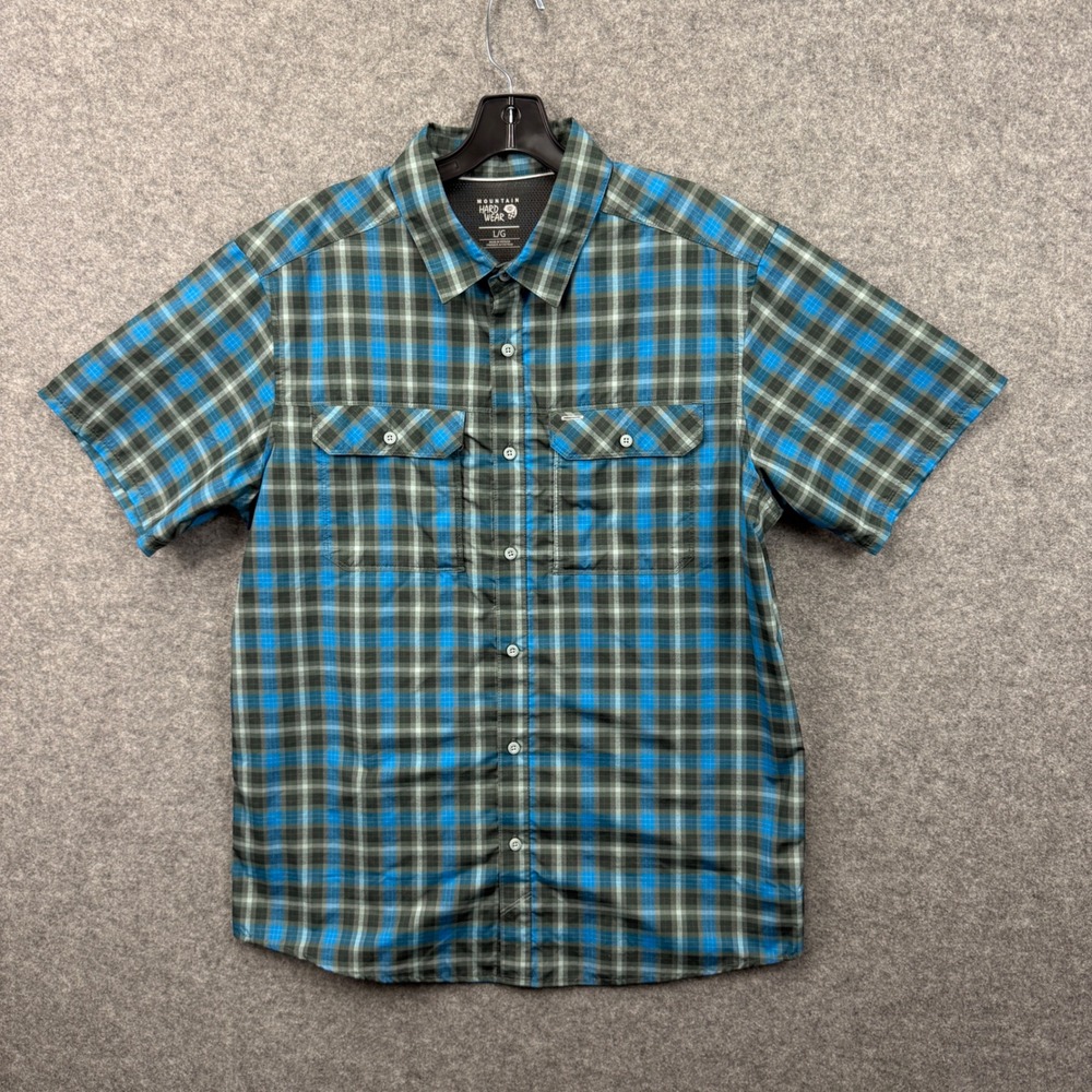 Mountain Hardwear Mens Blue Grey Plaid Short Sleeve Hiking Button Down Shirt L
